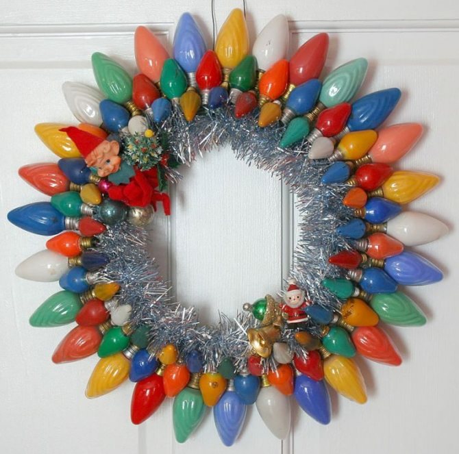 Christmas wreath of colorful light bulbs