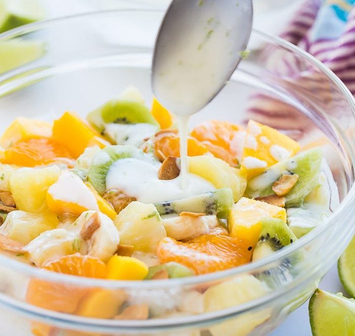 Fruit salad with celery, pumpkin and yogurt