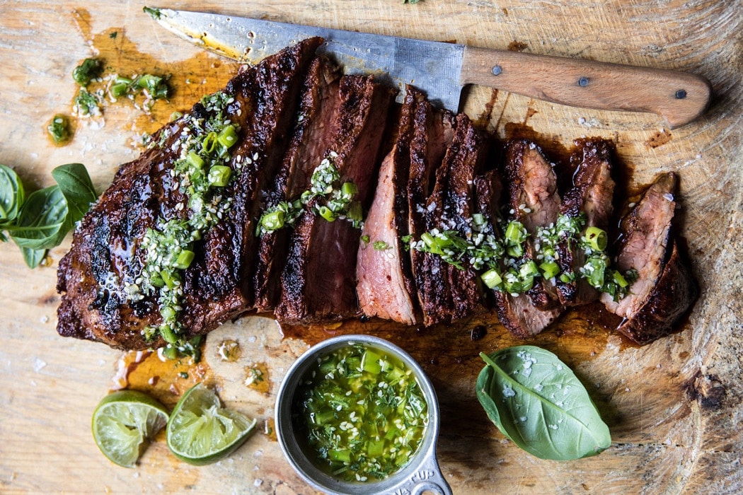 Steak with sweet potato and chimichurri sauce