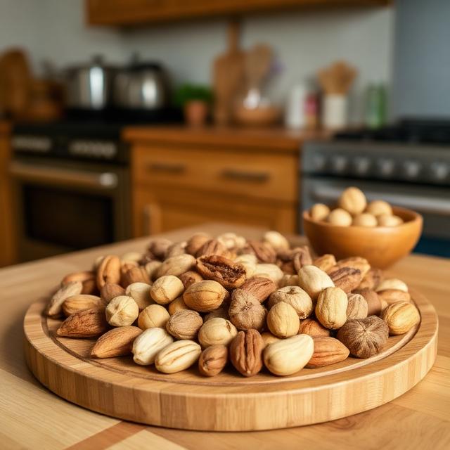 various nuts on a wooden board in the kitchen