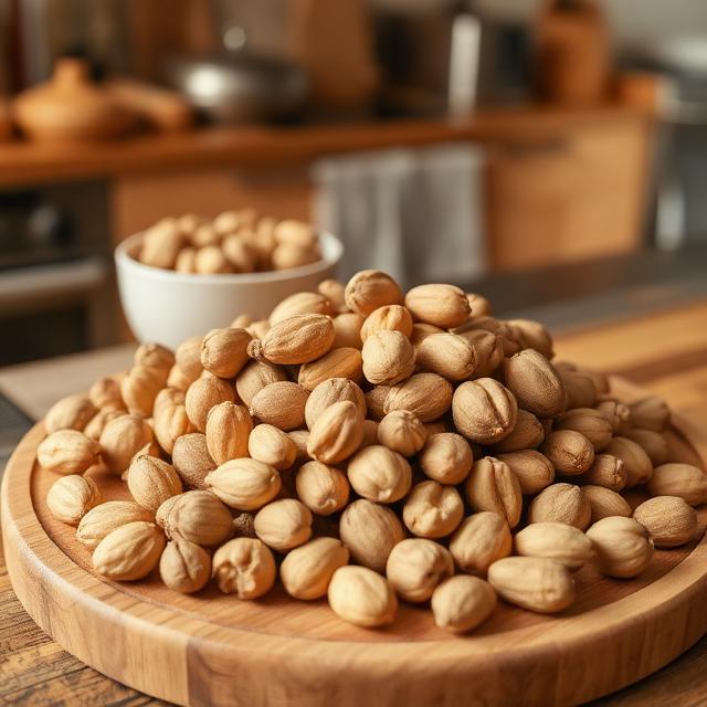 various nuts on a wooden board in the kitchen