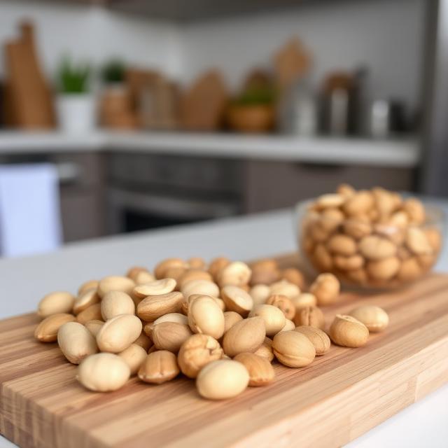 various nuts on a wooden board in the kitchen