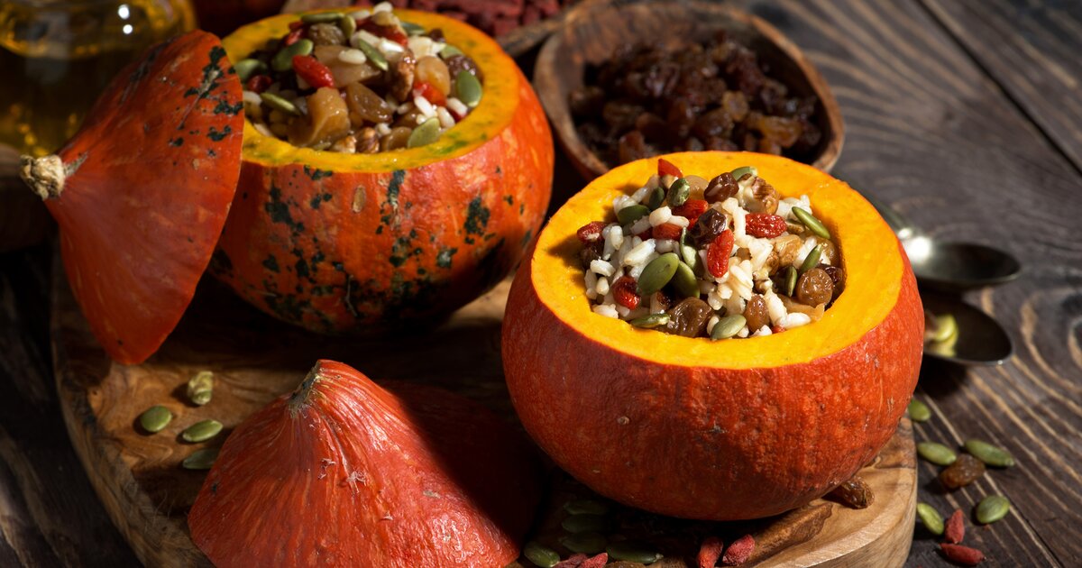 Pumpkin stuffed with rice and dried fruits