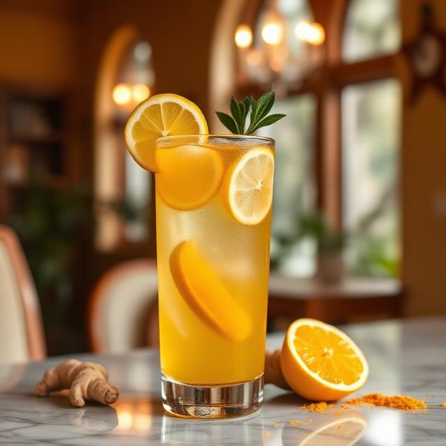 A drink with lemon, ginger, and turmeric in a glass in a beautiful interior