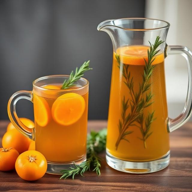 A warming drink with kumquat and rosemary in a pitcher and glass with beautiful decor