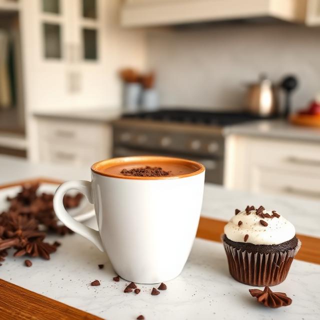 Cocoa in a cup with lavender and a cupcake on the table in an elegant kitchen