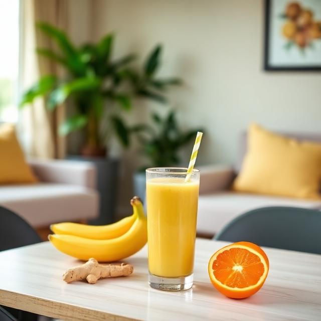 Smoothie with banana, tangerines and ginger in the living room on the table with glasses