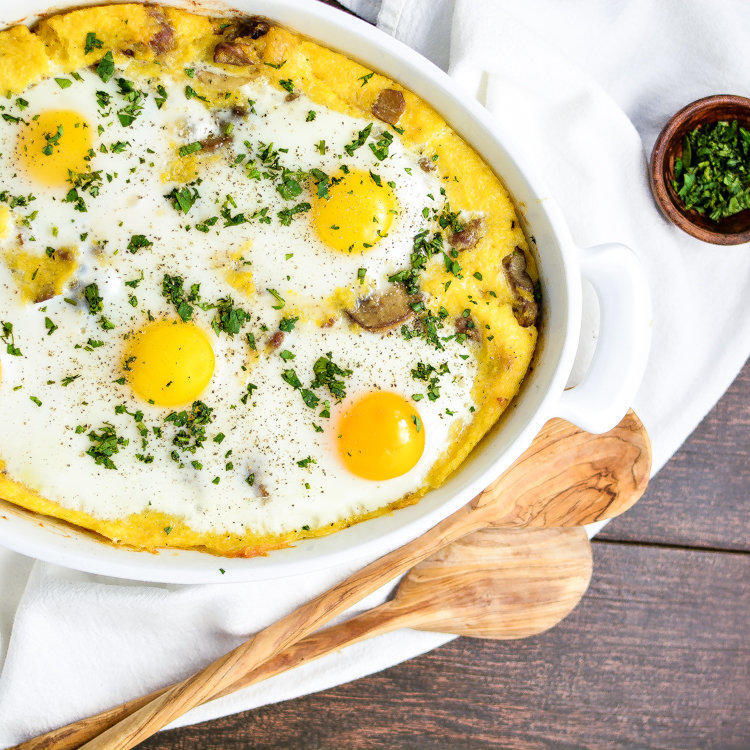 Polenta with eggs and sunflower microgins