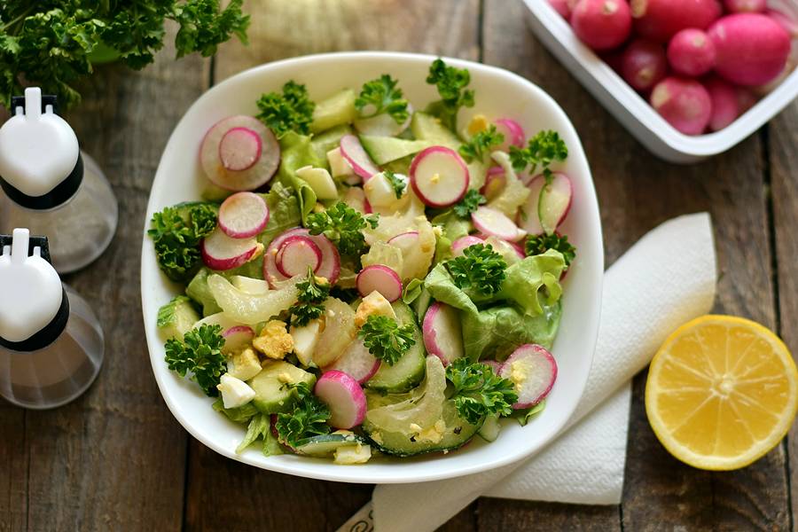 Salad with radish microgreens, celery and apple