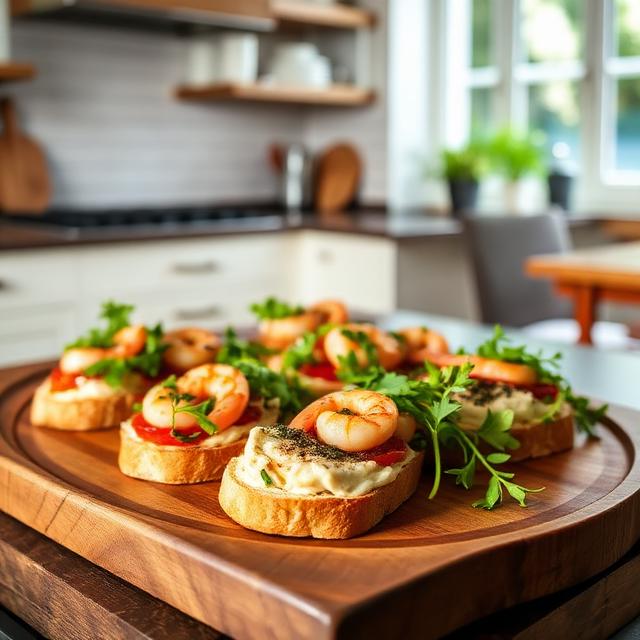 Bruschetta with shrimp and arugula on a wooden tray