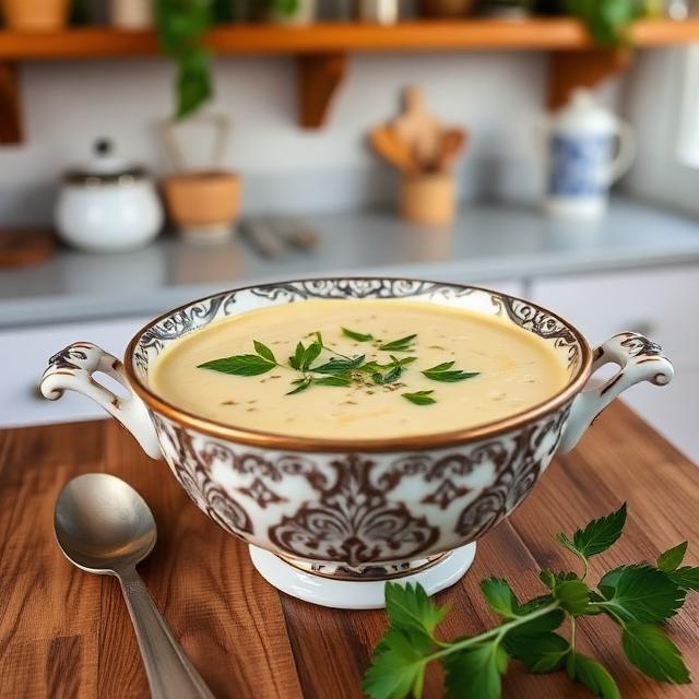 Cream of cauliflower soup with herbs in an antique bowl