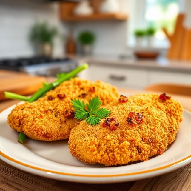 Crispy breaded chicken breasts in a beautiful plate