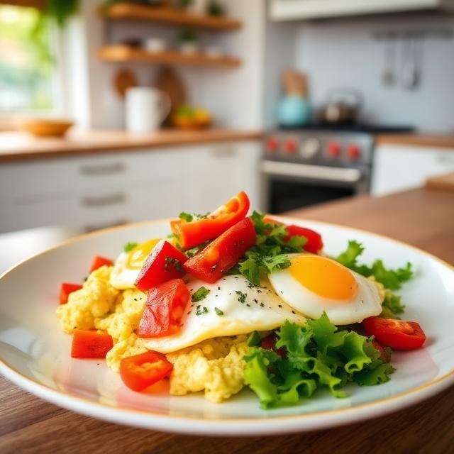 Scrambled eggs with a salad of sweet peppers 