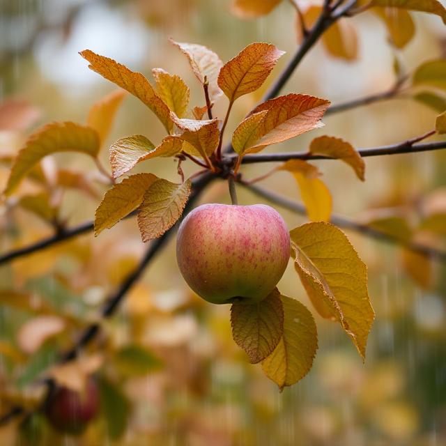 An apple on a tree in autumn rain