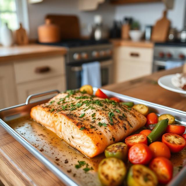 Baked salmon with vegetables on a tray in a country kitchen