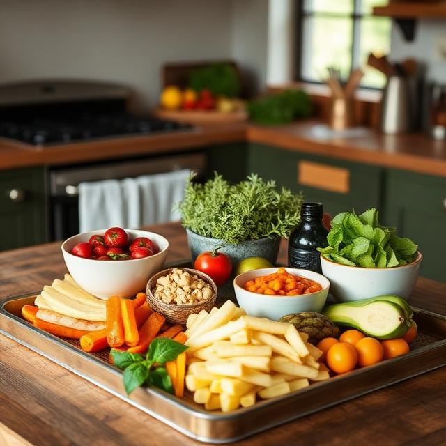 Healthy foods on a tray in a country kitchen
