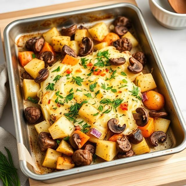 Potato casserole with vegetables and mushrooms on a baking sheet in an eco kitchen