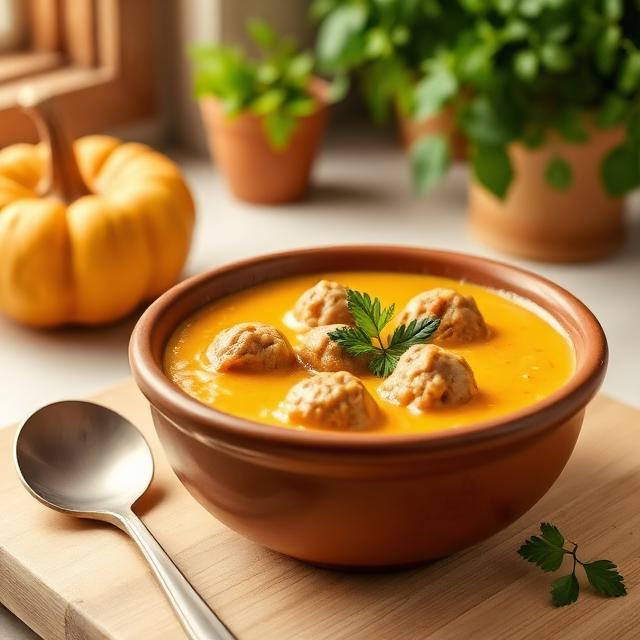 Pumpkin cream soup with meatballs 