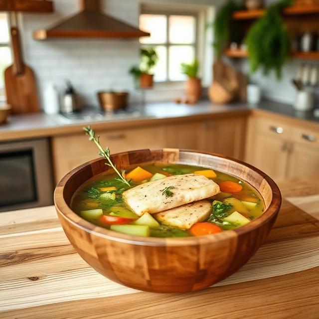 Vegetable soup with cod in a wooden bowl