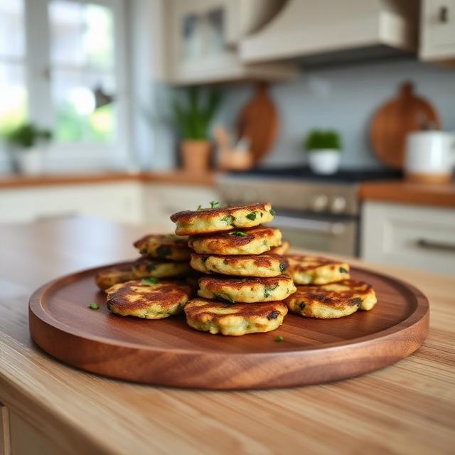 Zucchini fritters on a wooden plate in a beautiful kitchen