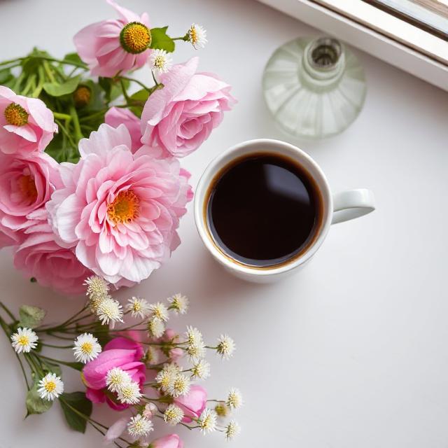 there is coffee and flowers on the desk