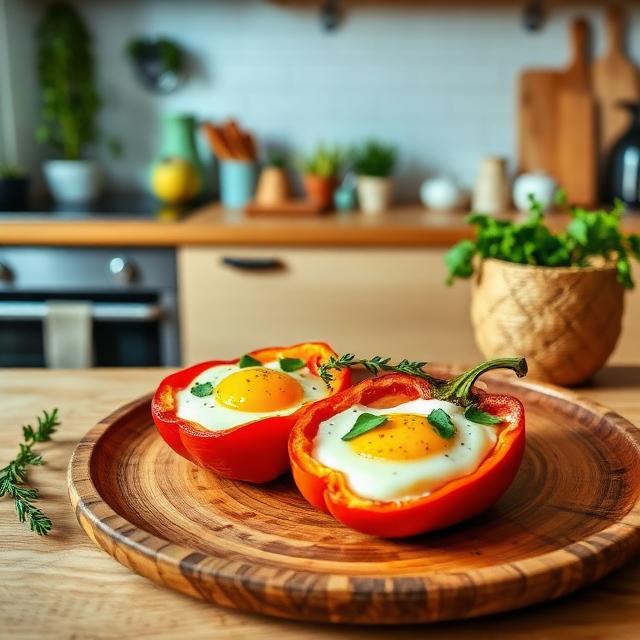 A breakfast of baked eggs in peppers on a wooden plate