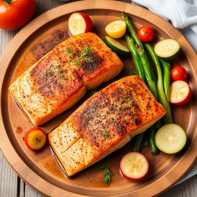 Baked salmon pieces with vegetables on a wooden plate
