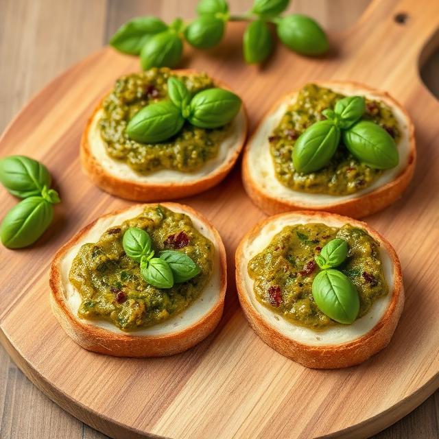 Bruschetta with green olive paste and basil