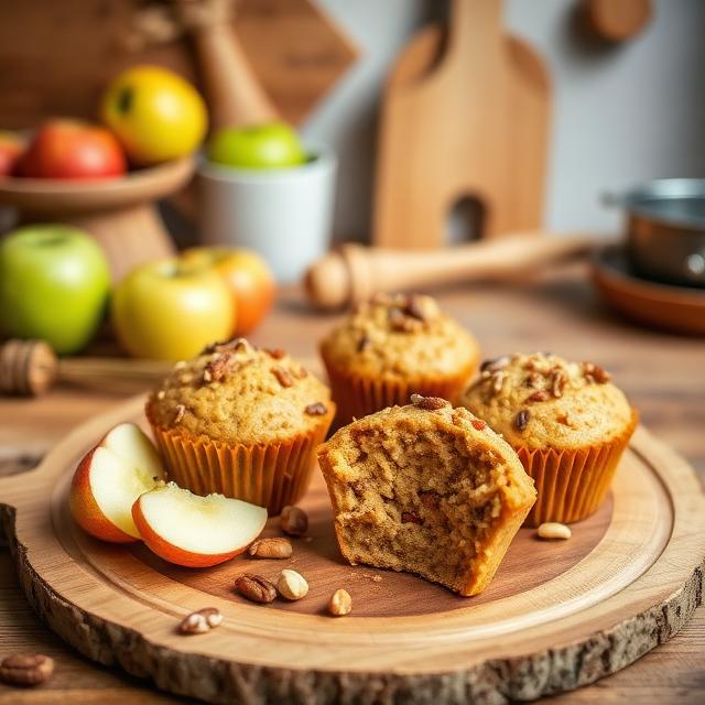 Muffins with apples, nuts and chickpea paste on a wooden plate in an eco-kitchen