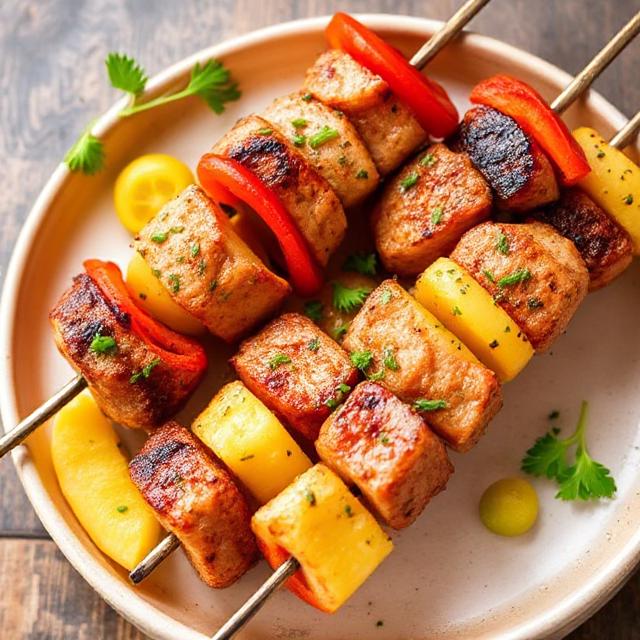 Pork fillet, pineapple, and bell pepper kebabs