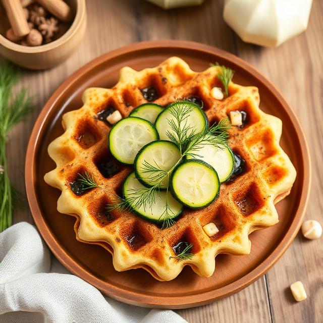 Vegetarian zucchini and dill waffles on a wooden plate