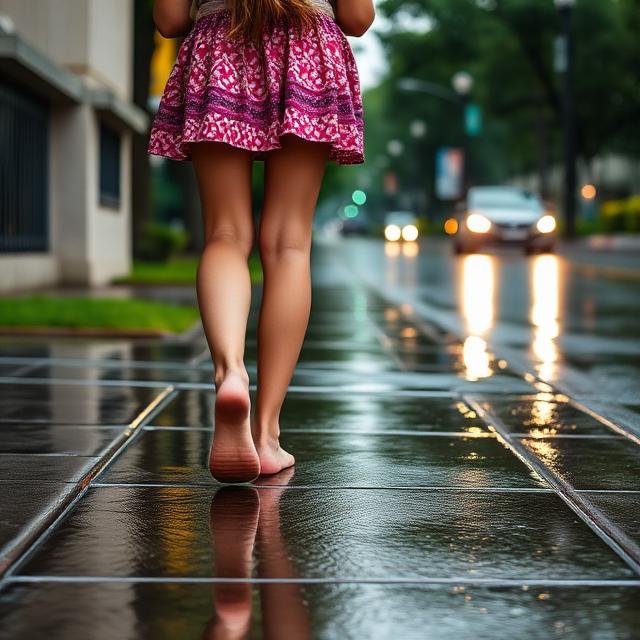 A girl walks barefoot along the sidewalk after the rain