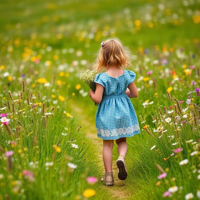A girl walks with flowers through a meadow