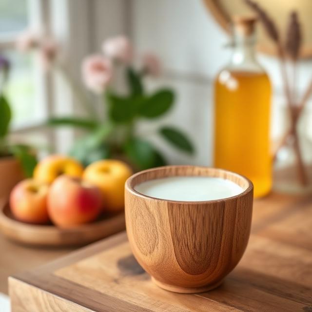 Apple cider vinegar and milk face mask in a wooden cup in a beautiful room