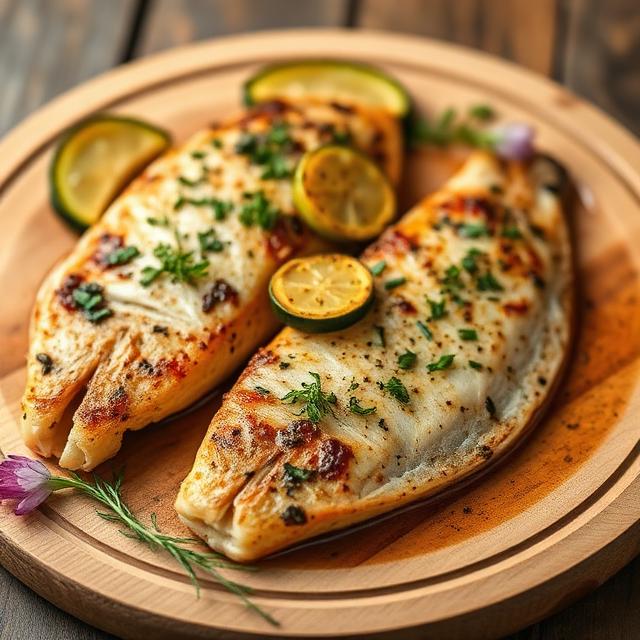 Baked fish pieces with zucchini and herbs on a wooden plate