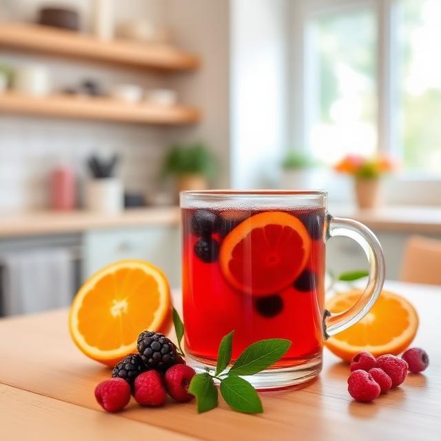 Berry tea with orange in a mug in a beautiful kitchen interior