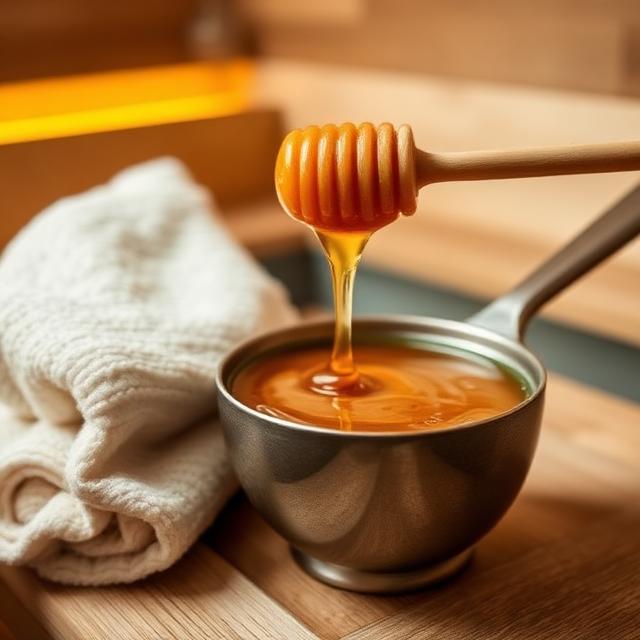 Honey in a beautiful ladle next to a towel in a sauna