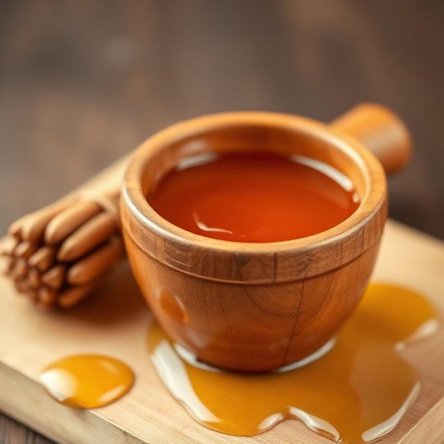 Honey in a wooden cup for beauty treatments