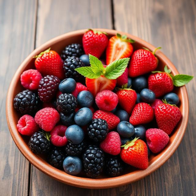 blackberries, raspberries, blueberries, strawberries, cranberries on a clay dish