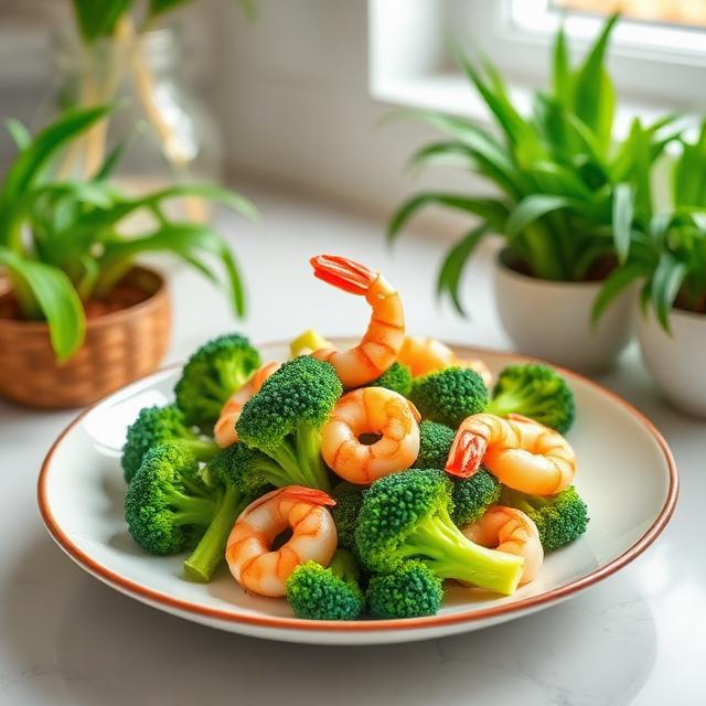 Broccoli with shrimp in a beautiful plate in a kitchen with green plants