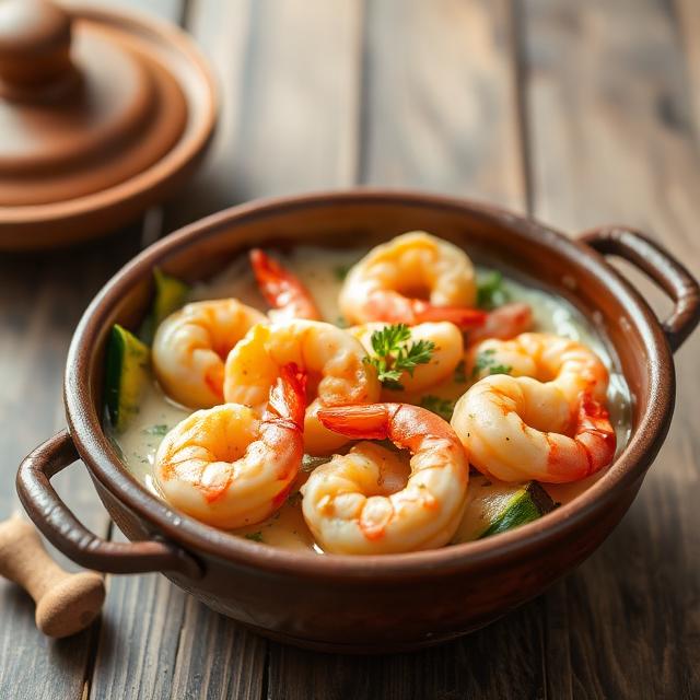 Shrimp in a creamy sauce baked with zucchini in a clay bowl