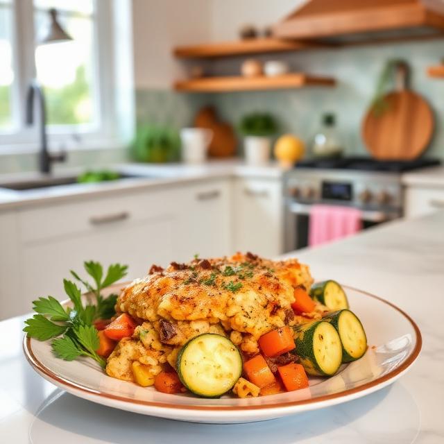 Zucchini casserole on a plate in a beautiful kitchen