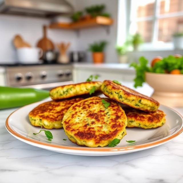 Zucchini fritters on a plate in a beautiful kitchen