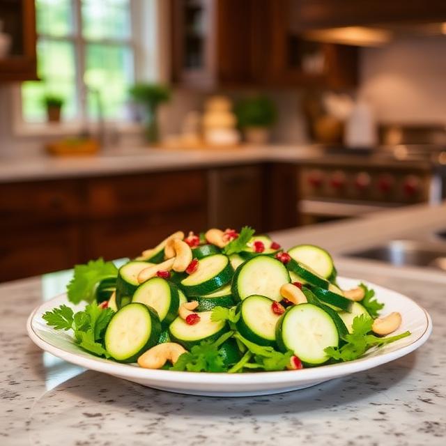 Zucchini salad with cashews on a plate 