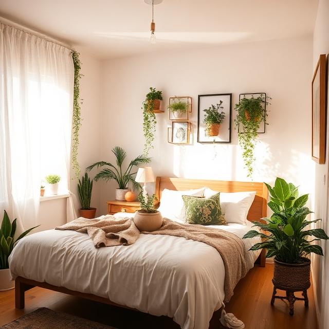 A pleasant bedroom with plants in eco-design