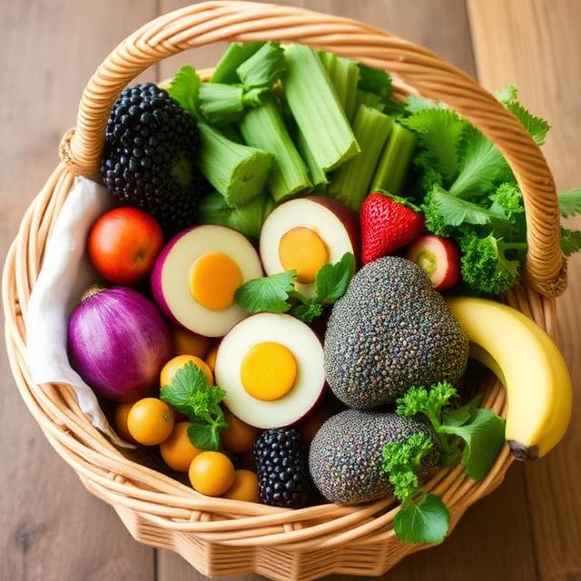 Energy-boosting and mood-boosting foods in a wicker basket