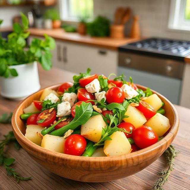 Potato salad with green beans, tomatoes, soft goat cheese, arugula, and pine nuts