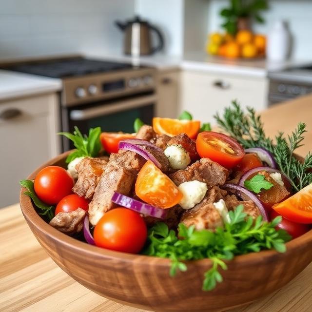 Salad with meat, cherry tomatoes, red onion, tangerines in their own juice, and greens