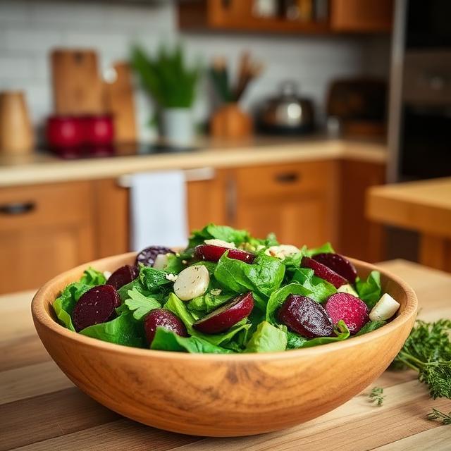 Spinach and baked beet salad in a wooden bowl with herbs