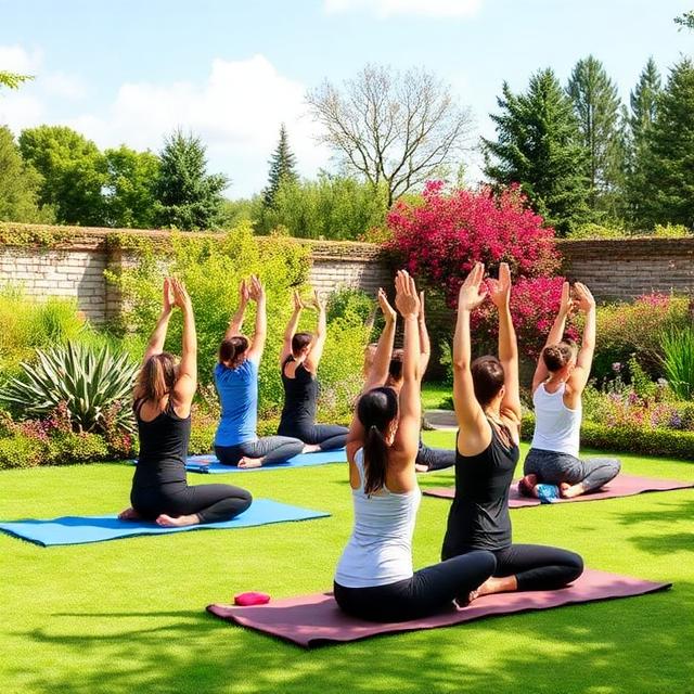 Yoga class in a beautiful garden